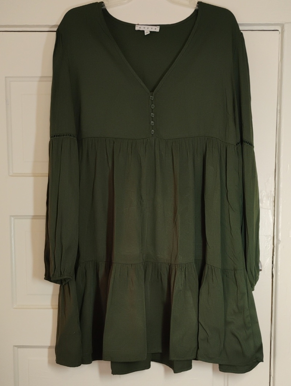 HYFVE Olive Green Long Sleeve Tiered V-Neck Dress Sz Large
